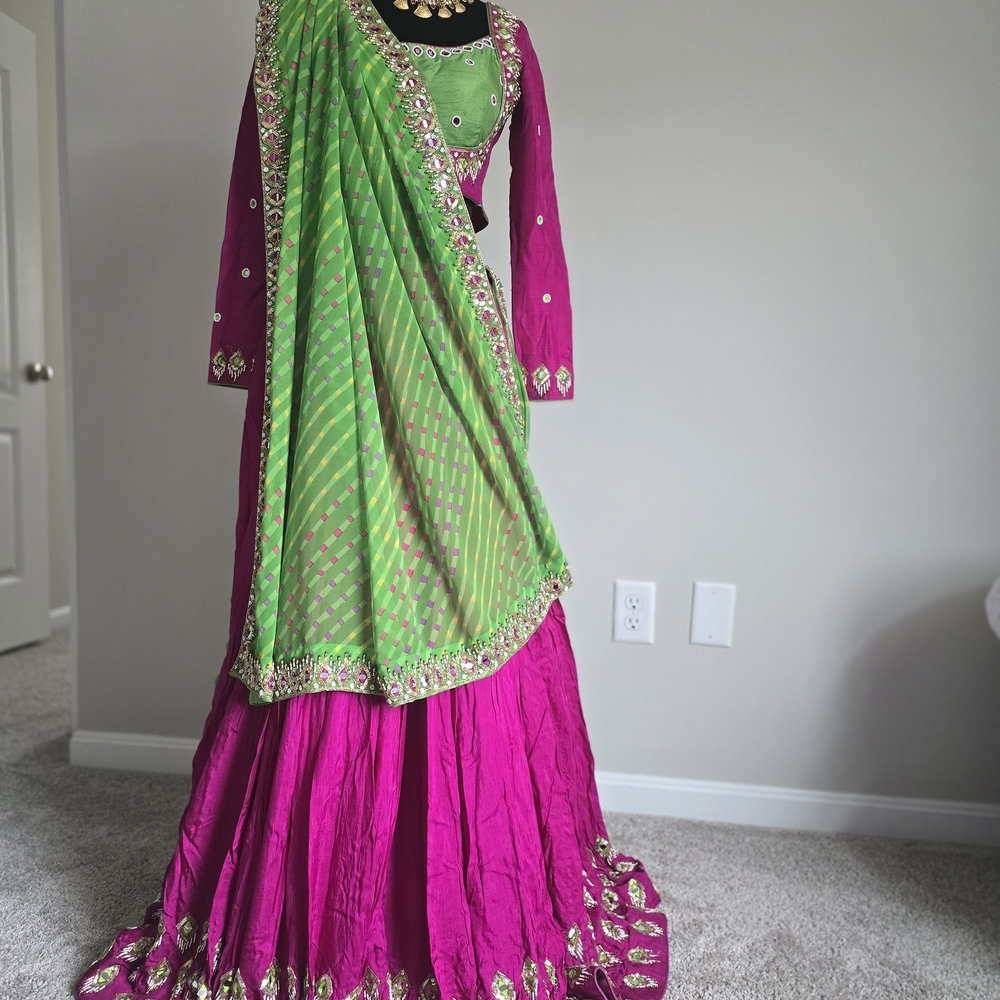 Annu's Creation Vibrant Pink and Green Chaniya Choli With Vintage Duppato